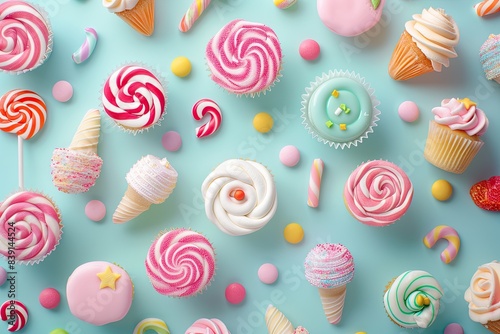 Abstract shapes of cute sweets like cupcakes, lollipops, and candies on a pastel background photo