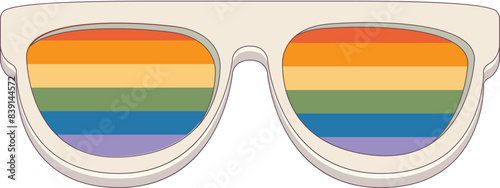 LGBT sunglasses retro groovy hipster style with pride rainbow lens and white frame isolated on transparent background. Retro vintage Pride day, LGBT and LGBTQ sunglasses icon, sticker, poster