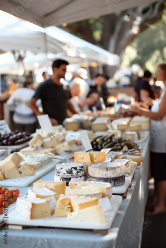 Vendors displaying their fresh cheeses at cheese festival against a backdrop of white tents and minimalist decor. Small cheese dairy business concept.