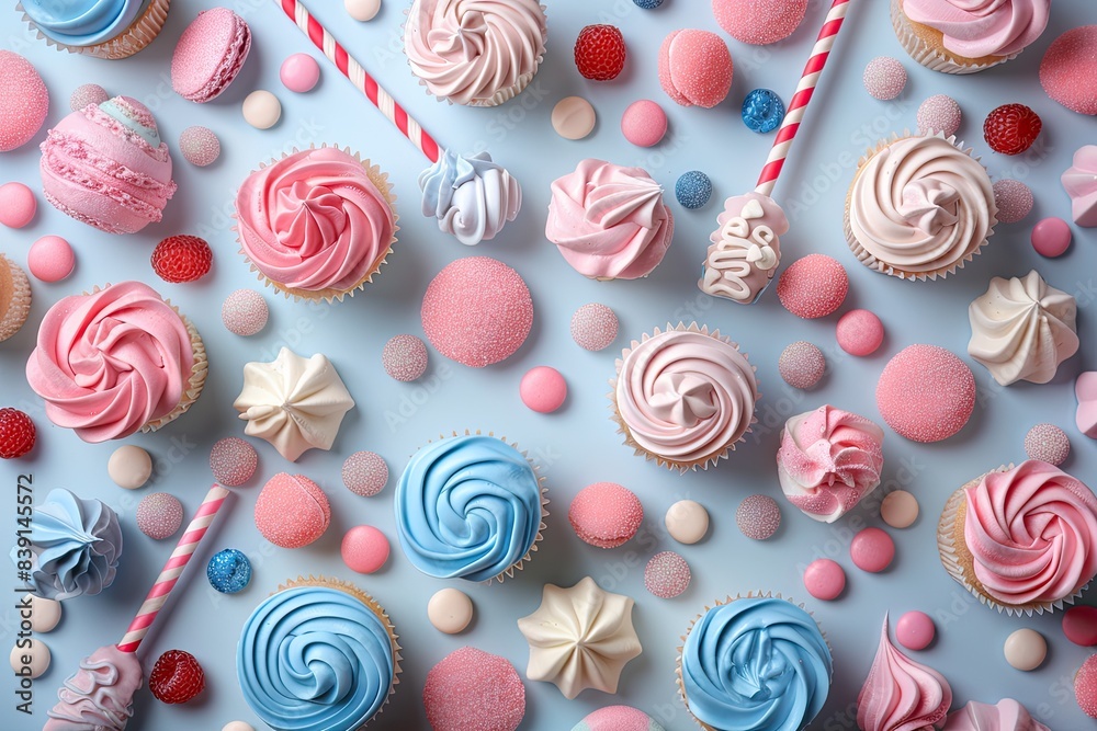 Abstract shapes of cute sweets like cupcakes, lollipops, and candies on a pastel background Abstract shapes of cute sweets like cupcakes, lollipops, and candies on a pastel background