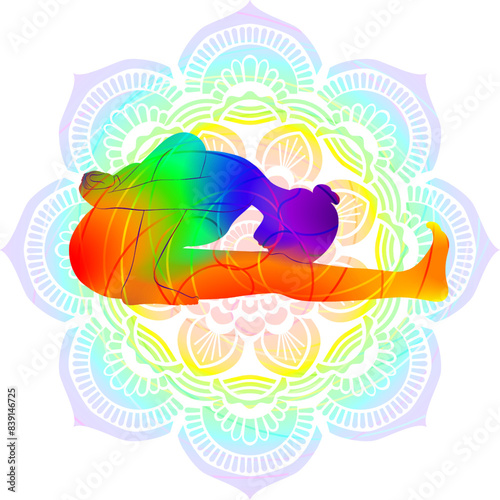 Colorful silhouette of woman practicing Marichyasana A yoga pose. Sage Marichi I pose. Intermediate Difficulty. Isolated vector illustration