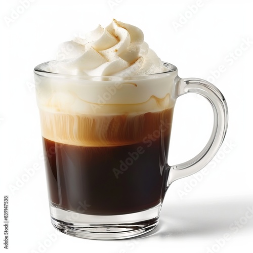 Close-up of a con panna coffee highlighting the contrast between dark espresso and light cream, super realistic