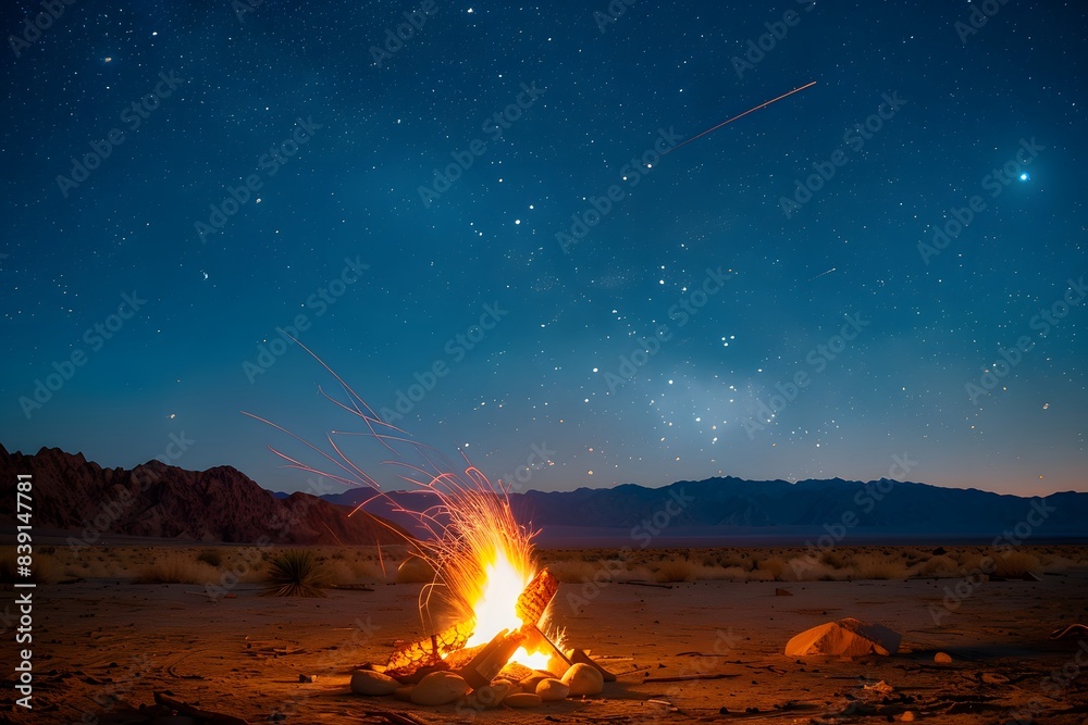 A campfire in the middle of an open desert under starry sky A campfire in the middle of an open desert under starry sky