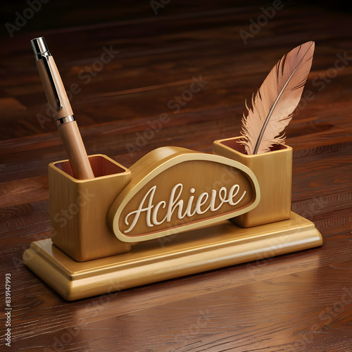 3d render wooden table top pen holder and chicken feather with name plate