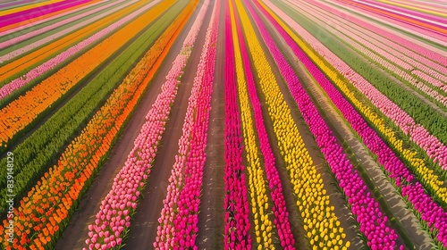 An aerial view of a geometrically patterned tulip field in full bloom, showcasing vibrant colors and stunning floral designs from above. 