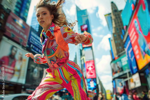 A model in a vibrant, trendy outfit moves energetically on a busy city street