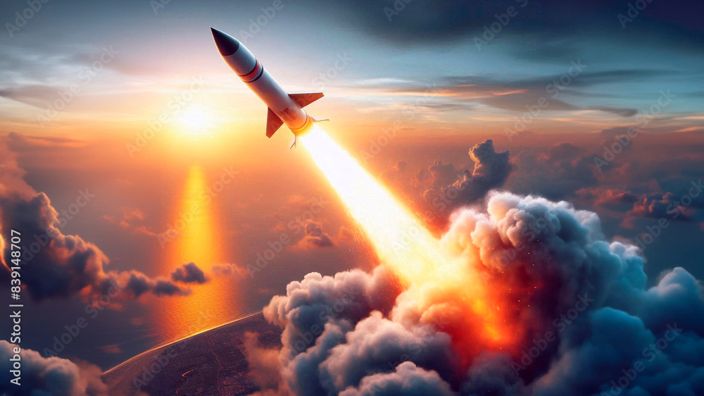 Missile with fire trail isolated on sky background Missile with fire trail isolated on sky background