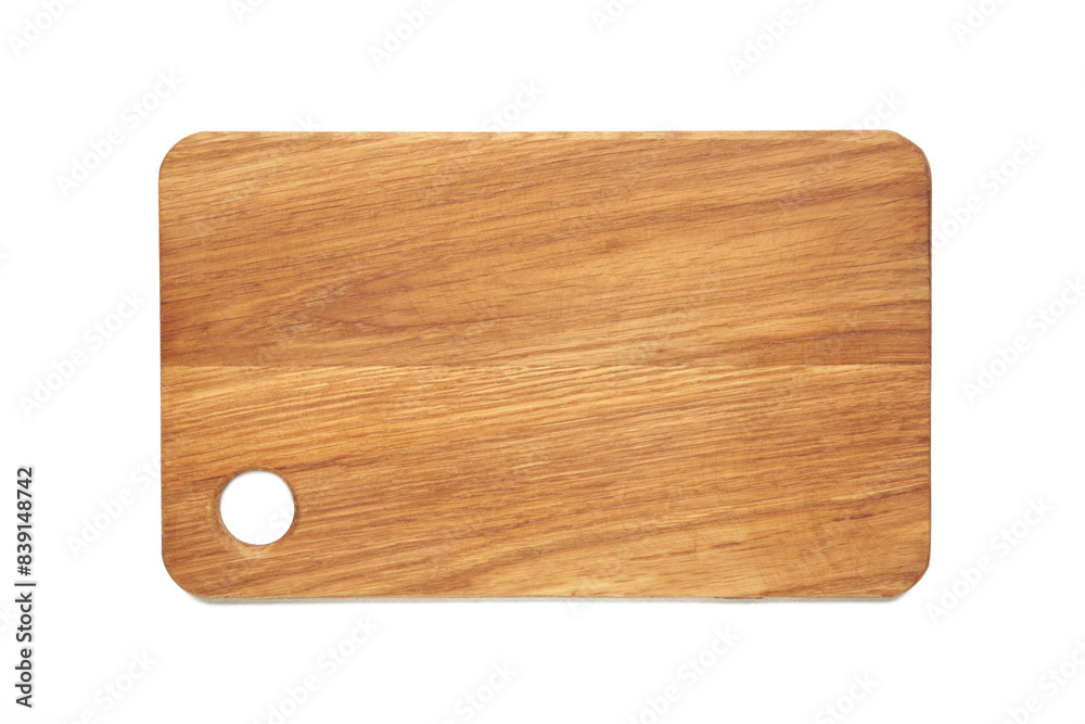Wooden cutting board isolated on white background. Flat lay top view