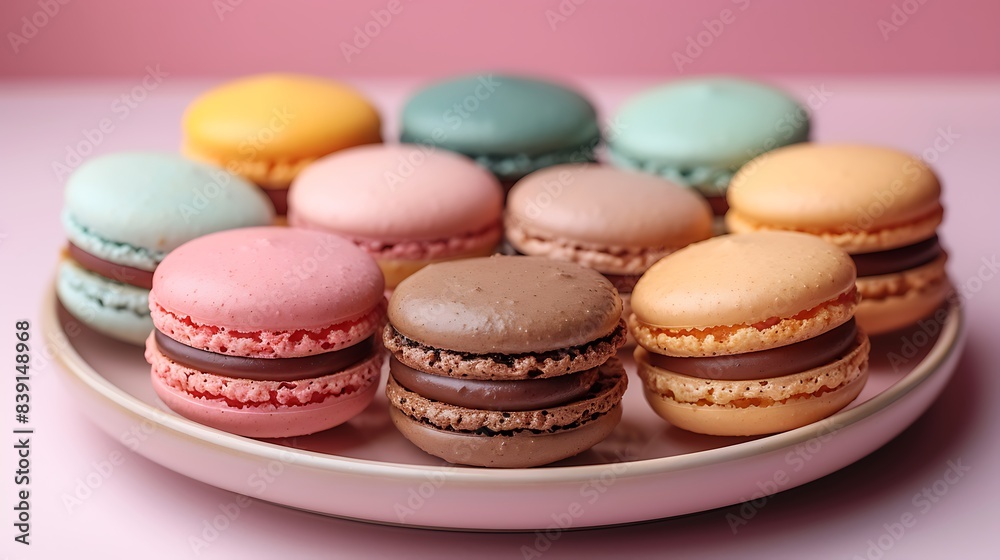 An array of colorful macarons neatly arranged on a vintage plate, set against a pastel-colored background for a charming display.
