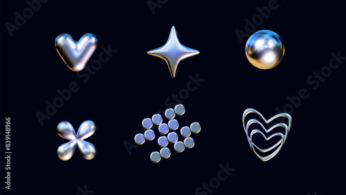 A vector image of six metallic shapes, including a heart, a star, a sphere, a flower, a cluster of circles, and a triple heart. The shapes are all silver and have a blue-purple iridescent sheen