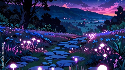Anime beautiful 8k glowing moon plants wallpaper field backdrop background landscape moonlight generative AI
