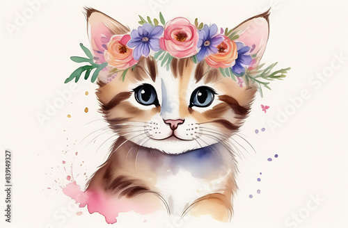 Portrait of cute kitten with flowers wreath on his head on a neutral background in watercolor style © Alex Smith