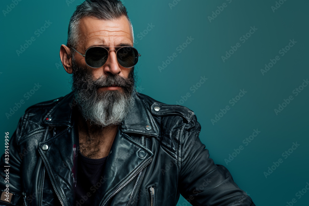 Obraz premium A Rugged Man in a Leather Jacket, Posing Against a Teal Wall.