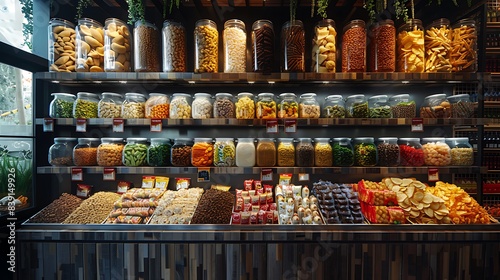Shelves stocked with an assortment of packaged snacks, from chips to nuts, all displayed attractively © Maher