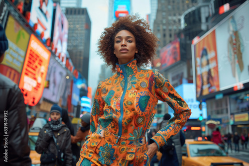 A model in a vibrant, trendy outfit walks confidently down a busy city street