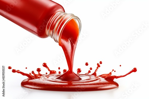Tomato ketchup flowing out of bottle onto white surface with splash