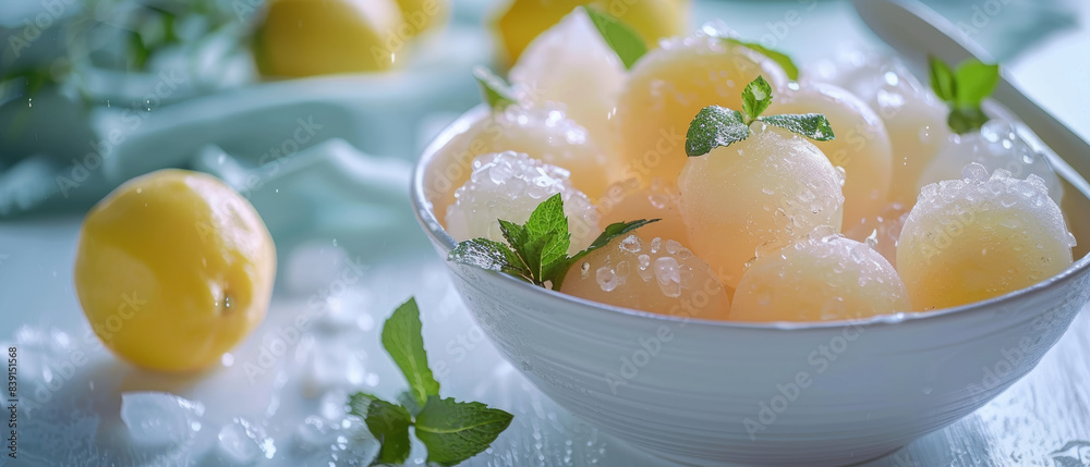 Fresh lemon sorbet, elegantly plated with mint, bringing a burst of citrus to the senses. Fresh lemon sorbet, elegantly plated with mint, bringing a burst of citrus to the senses.