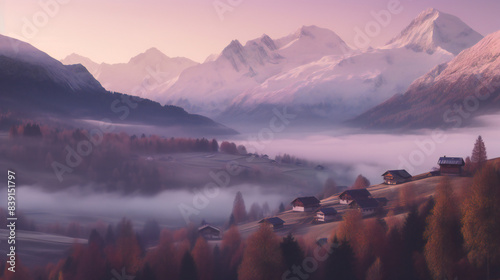 sunrise in the mountains,Cinematic photography of the Swiss Alps at sunrise, with snowcovered peaks towering over a misty valley village below. © halo