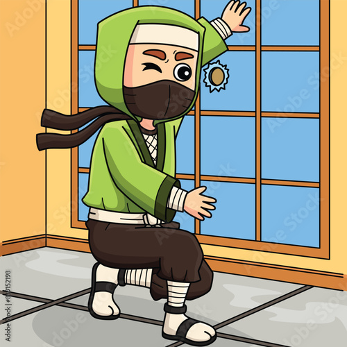 Ninja Peeking through a Hole Colored Cartoon 