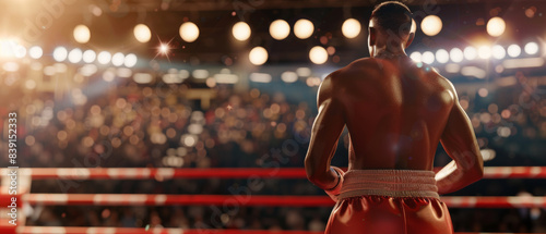 Boxer gazes into the arena, anticipating the challenge in a crowded fight night. photo