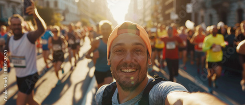 Energetic marathon runner capturing a selfie during a golden hour race  surrounded by runners.