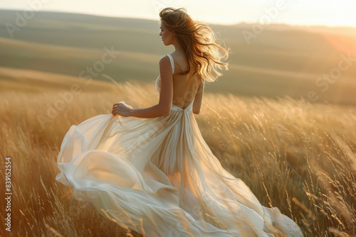 A woman in a billowing dress on a windy meadow