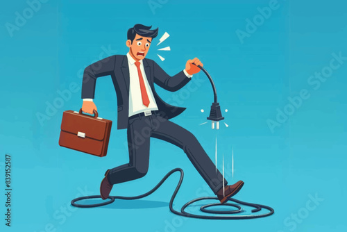 business concept, clumsy businessman tripping with power plug electrical cable falls to the floor