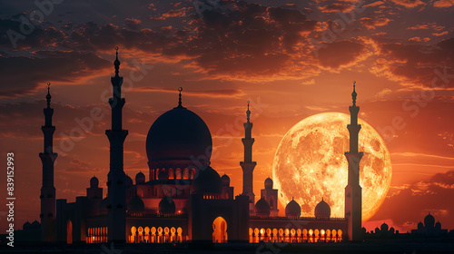 Generate a picture of a mosque silhouette against the backdrop of the Eid moon, evoking a sense of spirituality and celebration. © Graphic Dude