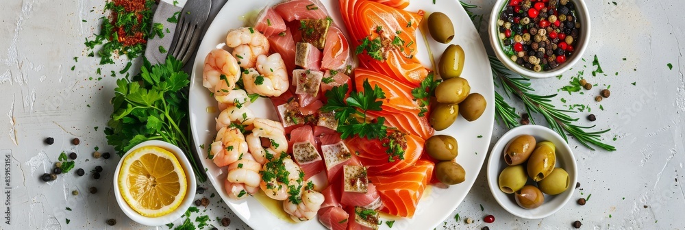 Seafood Plate, Raw Fish Mix on White Plate, Salted Salmon, Trout, Tuna, Smoked Chicken Fillet Seafood Plate, Raw Fish Mix on White Plate, Salted Salmon, Trout, Tuna, Smoked Chicken Fillet