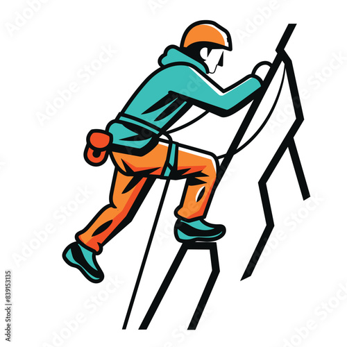 Man climbing ladder, wearing helmet harness safety. Climber ascending steps confidently, equipped altitude. Safety gear employed during climb, isolated white background illustration