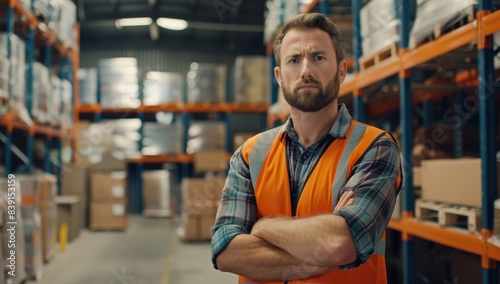 A portrait of an attractive man in his late thirties  wearing work and safety vest with crossed arms standing inside the warehouse . stacked shelves filled to ceiling height with boxes of goods.