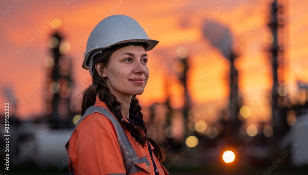Attractive woman in her late thirties, wearing workwear and a white helmet standing at an industrial site with an orange sunset sky behind her. Attractive woman in her late thirties, wearing workwear and a white helmet standing at an industrial site with an orange sunset sky behind her.