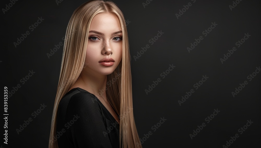 Beautiful young lady with extremely golden hair colour. Stylish hairdo performed in a spa. cosmetics, makeup, and clothing Beautiful young lady with extremely golden hair colour. Stylish hairdo performed in a spa. cosmetics, makeup, and clothing