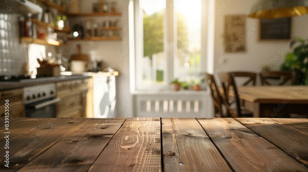 An empty wooden table with a blurred background of a cozy kitchen, perfect for showcasing meal settings or food photography. stock photo An empty wooden table with a blurred background of a cozy kitchen, perfect for showcasing meal settings or food photography. stock photo