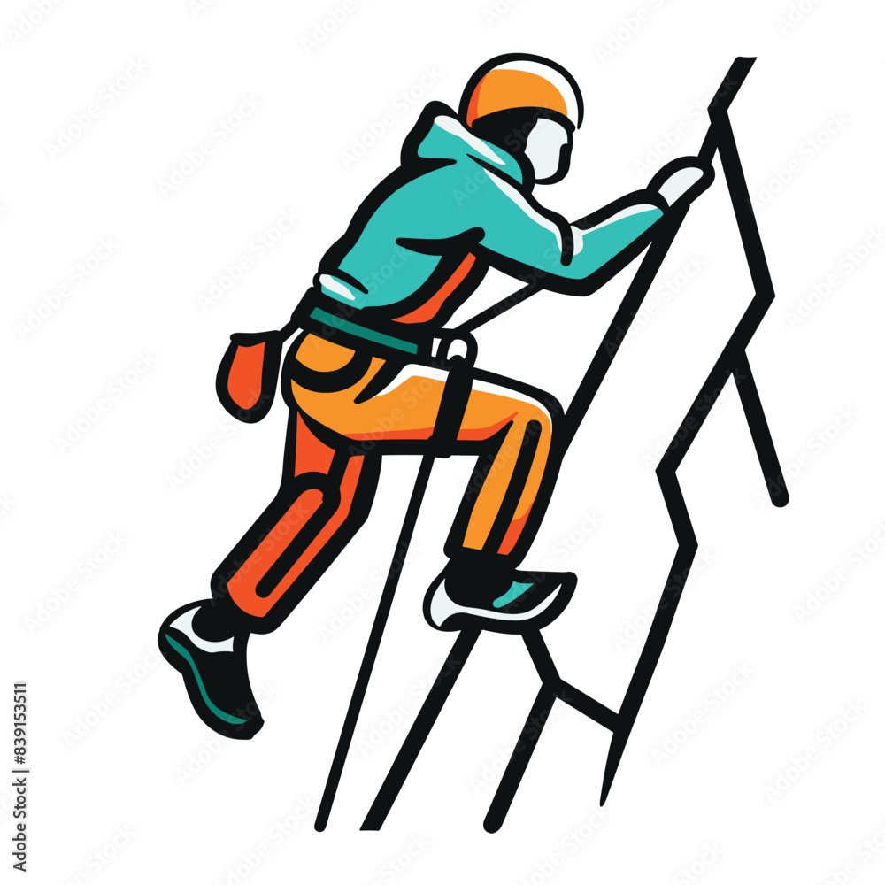 Fototapeta premium Climber ascending ladder, safety gear, outdoor adventure. Man equipped helmet, harness climbing, extreme sports theme. Bold color isolated vector graphic, active lifestyle concept