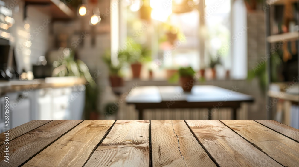 An empty wooden table with a blurred background of a cozy kitchen, perfect for showcasing meal settings or food photography. stock photo 