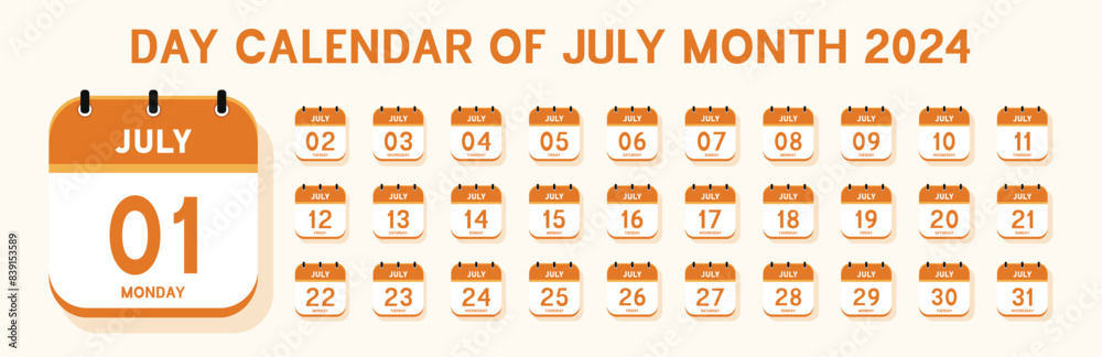 Day calendar of july month 2024. Vector flat daily calendar icon. Date, day and month. Day calendar of july month 2024. Vector flat daily calendar icon. Date, day and month.