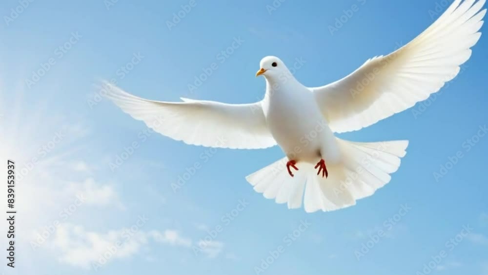 A White Dove Flies into the Sky, Symbol of Peace in a Serene Style with Blue Sky Background for Harmony Concept
