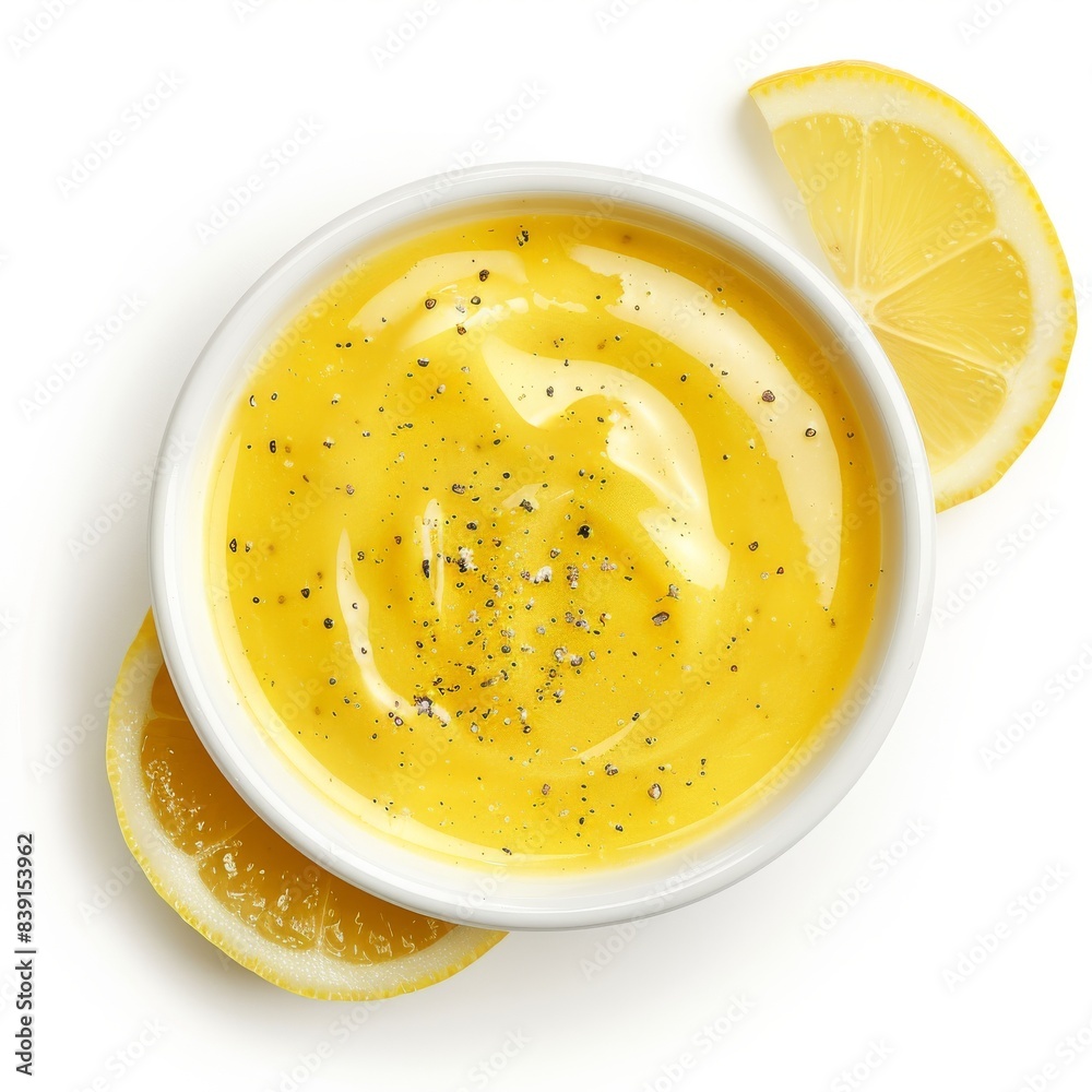 Bowl with lemon sauce isolated, yellow dip, lemon salad dressing on white background, top view Bowl with lemon sauce isolated, yellow dip, lemon salad dressing on white background, top view