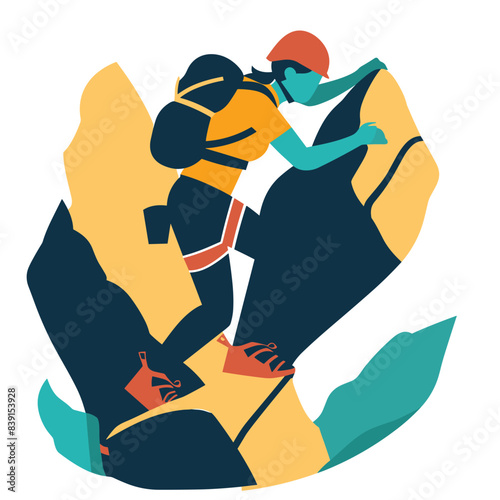 Mountaineer climbing steep rock, intense effort extreme outdoor adventure. Rock climber male gear helmet reaching summit nature. Graphic flat mountain climbing scene, climber active sport challenge