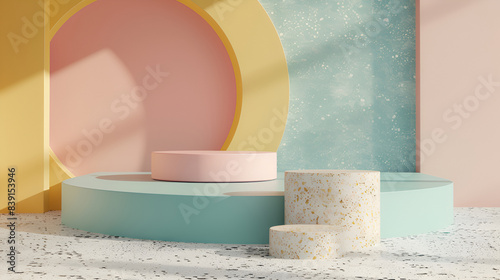 3D podium decoration with pastel geometric object composition, perfect for product display mockups in a modern minimal showroom or showcase ,Abstract minimal scene with geometrical forms