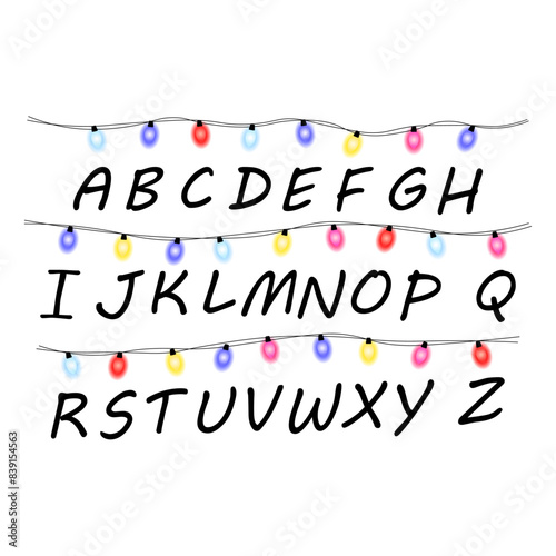 Christmas lights with alphabet. Garlands. Vector illustration