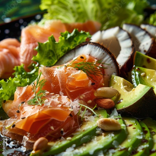 Salmon, Avocado and Coconut Salad, Exotic Seafood Salat with Smoked Red Fish, Fresh Lettuce Leaves photo