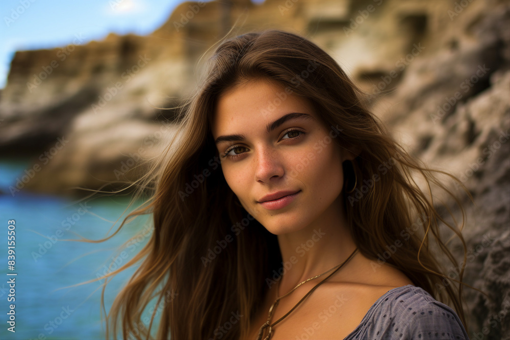 Generative AI image of smiling tourist at the beach enjoying sunny weather near the ocean natural and relaxed lifestyle Generative AI image of smiling tourist at the beach enjoying sunny weather near the ocean natural and relaxed lifestyle