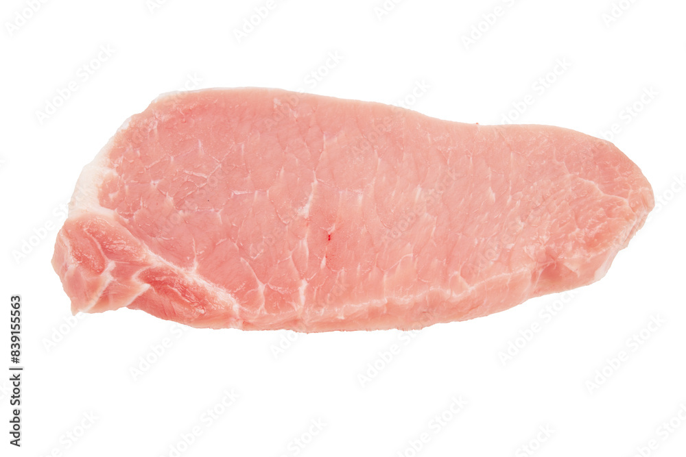 Raw pork pieces isolated on a white background. Top view. Raw pork pieces isolated on a white background. Top view.