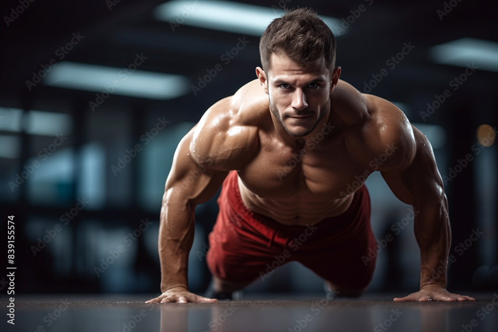Man doing push-ups in gym. Background with selective focus and copy space Man doing push-ups in gym. Background with selective focus and copy space