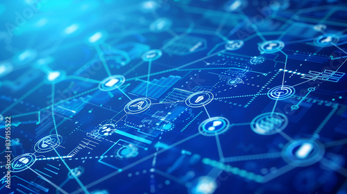A blue background with many small blue dots that are connected to each other. The dots are all different shapes and sizes, and they are all connected to each other in a complex web