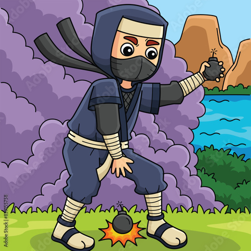 Ninja with Smoke Bomb Colored Cartoon Illustration