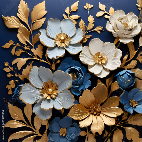 seamless pattern with white, blue, gold  flowers background