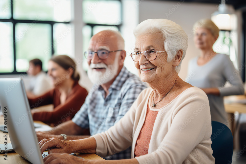 Portrait of happy elderly person browsing sms message modern netbook generative AI Portrait of happy elderly person browsing sms message modern netbook generative AI